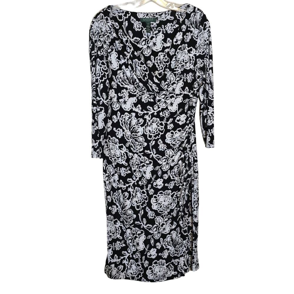 Lauren Ralph Lauren Women's Floral Print Faux Wrap Dress Black and White Size 10